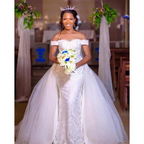 Off Shoulder Mermaid Wedding Gowns Overskirt Train Plus Size Bridal Dresses For African Women Robe De Marriage