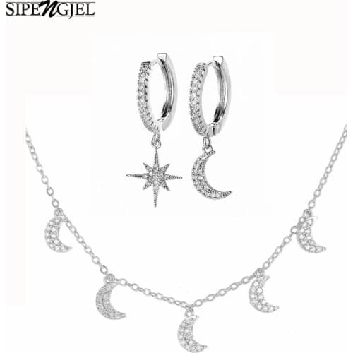 Trendy Cubic Zirconia Moon Star Necklace Earrings Set For Women Gold Silver Color Jewelry Korean Wedding Gift