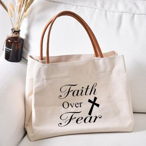 Faith Over Fear Printed Women Lady Beach Bag Canvas Tote Bag Handbag Work Bag Shopping Bag Church Bag Dropshipping