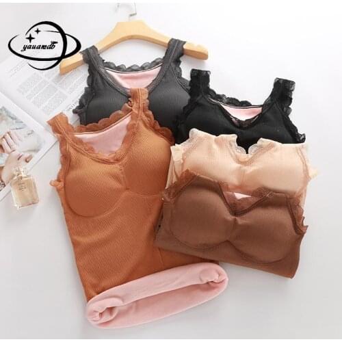 Free Size Womens Tank Top Winter Female Camis Tees Knitted Lace V-Neck Add Wool Warm Thicken Solid Color Ladies Clothes Hy18