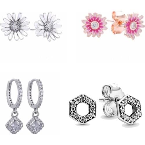 Flower Square Sparkle Honeycomb Hexagon Pandora Earring 925 Sterling Silver Earring Studs For Women Gift DIY Jewelry