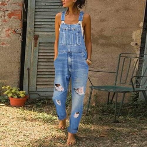 2021 Spring Summer Stylish Suspender Pants Womens Work Clothes Jeans Slim Jumpsuit Street Casual Hole Long Denim Rompers Female