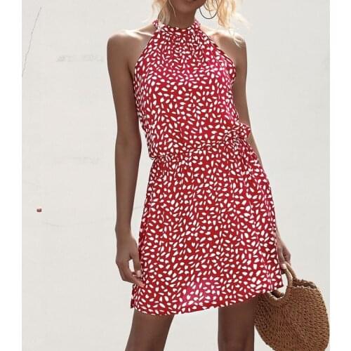 Summer Sexy High Street Halter Lace Bow Floral Print Mini Dress Vintage Sleeveless Dress Beach Casual Party Short Dress Women