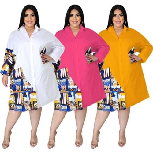 Women Shirt Dress 5XL Plus Size Long Sleeve Knee Length Robe Printed Patchwork Elegant Casual Oversize Office Work Lady Dresses