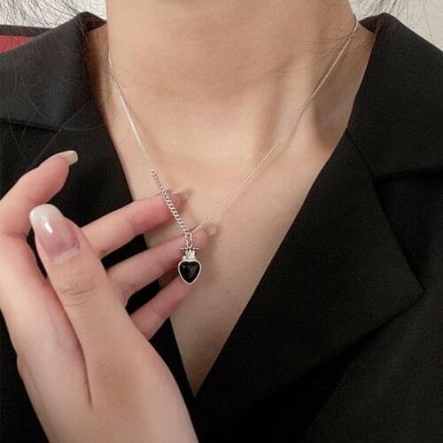 XCC11 Genuine 925 Sterling Silver Black Heart with Crown Pendant Necklaces Vintage Jewelry for Women Birthday Gifts