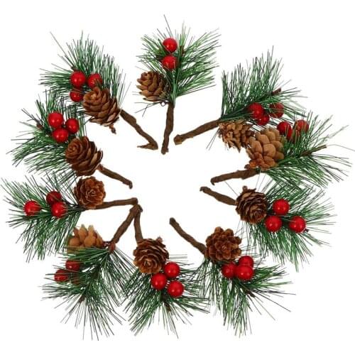 10pcs Christmas Pine Cone Branches Simulated Realistic Imitation Pine Branches Berry Bouquets Pine Needles for Home
