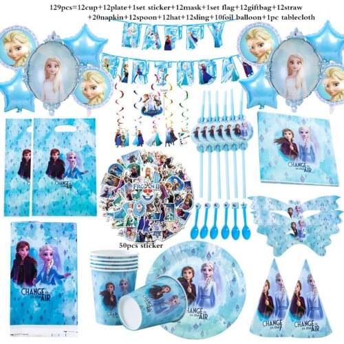 129pcs Elsa Anna Frozen Party Decoration Supplies Disposable Tableware Happy Birthday For Girls Princess Party Cups Plates