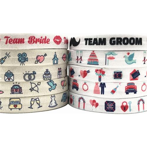 16mm 10 Yards Wedding Champagne Print Fold Over Elastic Team Bride Cake Cupid FOE Ribbon for Gift Accessories Party Decoration