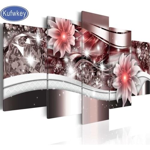 5 piece Exquisite diamond background beautiful Red flowers 5d diy diamond painting full square round diamond mosaic embroidery