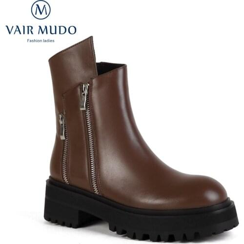 VAIR MUDO Ankle Boots Shoes Thick Bottom Round Toe Brown Black Concise Autumn Winter Elegant Round Toe Zipper Shoes WM-X221-C