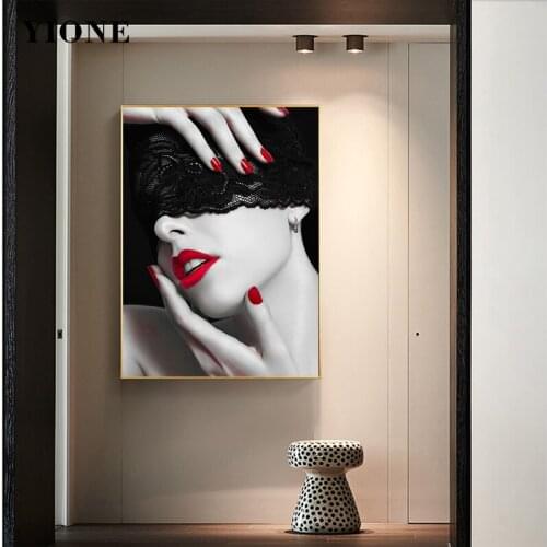 Black and White Face Art Pictures Prints Sexy Red Lips Lace Masked Women Canvas Painting Wall Posters for Bedroom Living Room