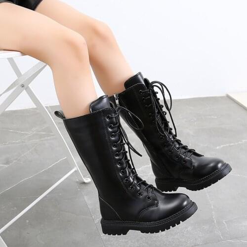 Children Boots High Quality Autumn Winter Fashion Black Boots Pu Waterproof Shoes Cross-tied Princess Boots For Girl Kids