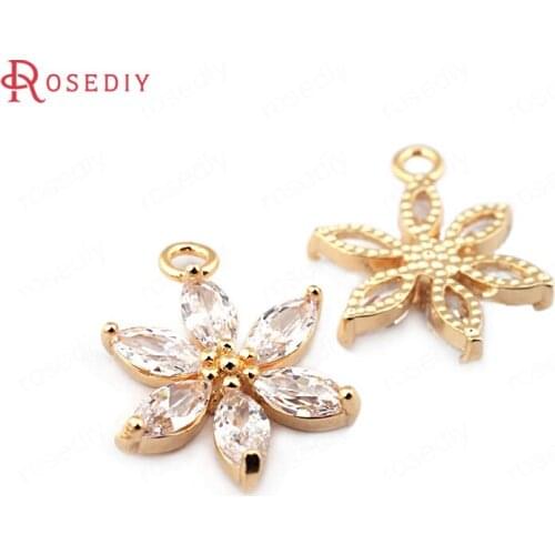 F427)4 pieces 18.5*13.5mm 24K Gold Color Brass with Zircon Flower Charms Pendants High Quality Diy Jewelry Findings Accessories