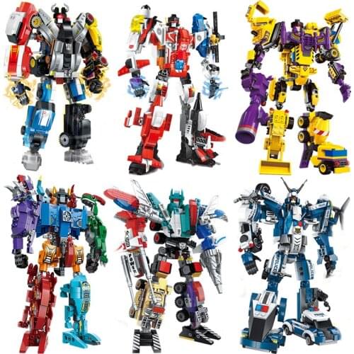 6 in 1 Dinosaur Mecha Mech Car Fire Plane Deformation City Guard Robot Enlighten Block Set Kids Educational Building Boy Toy