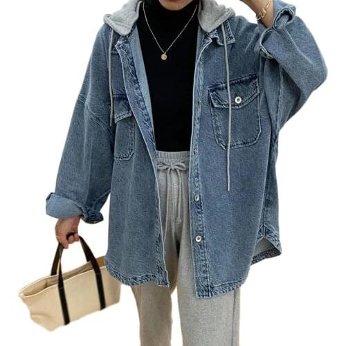 New Women Hooded Denim Jacket 2021 Spring Autumn Loose Korean Long Bomber Outerwear Plus Size Womens Casual Denim Basic Overcoat