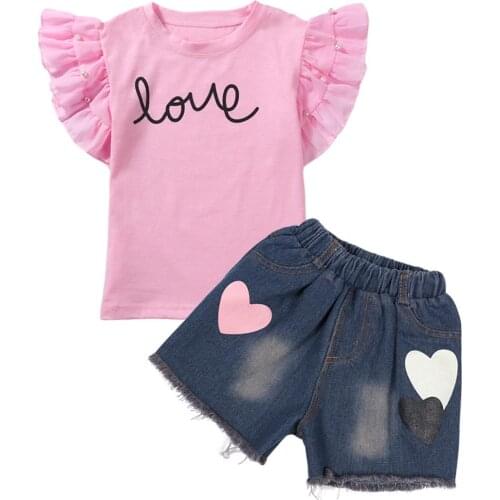 2020 New Summer Cute Girl Pearl Flying Sleeve Love Short Sleeve T-Shirt + Denim Shorts Set Love Two-piece