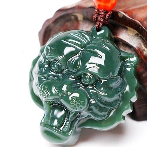 Certified Natural Green Hetian Carved Jade Stone Tiger Head Pendant Necklace Chinese Jadeite Jewelry Charm Amulet Gifts for Men