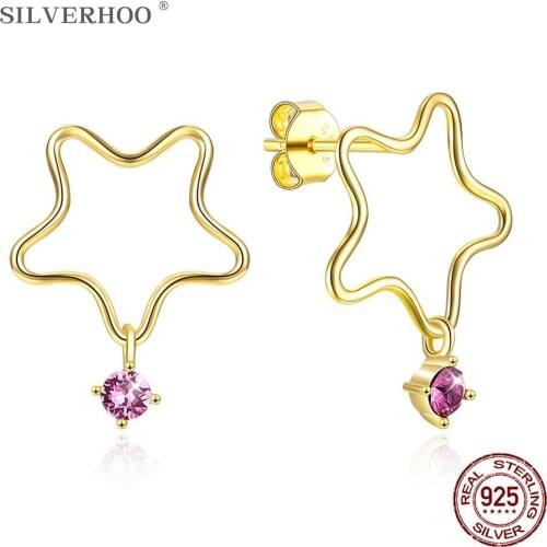 SILVERHOO 925 Sterling Silver Stud Earring Hollow Star Casual Style With Purple Austria Crystal Cute Jewelry Earrings For Women