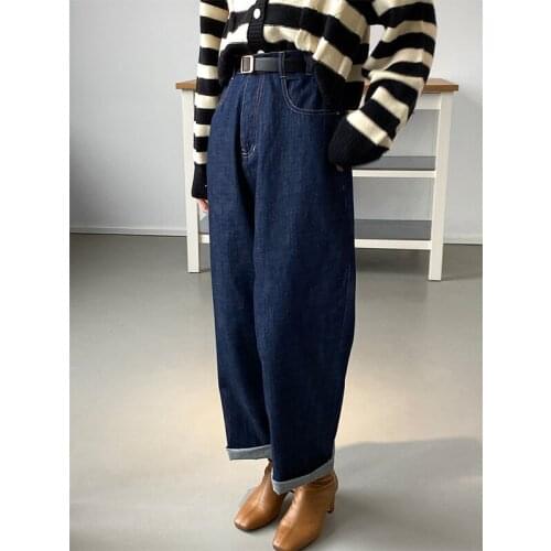 Dark blue rolled straight pants. Womens autumn loose wide leg pants 8202