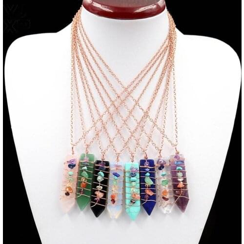 YJXP 1 Pcs Classic Sword shaped Reiki 7 Chakra Pendant Rose Gold Necklace Natural Crystal Gravel Wire Winding Pendant Jewelry