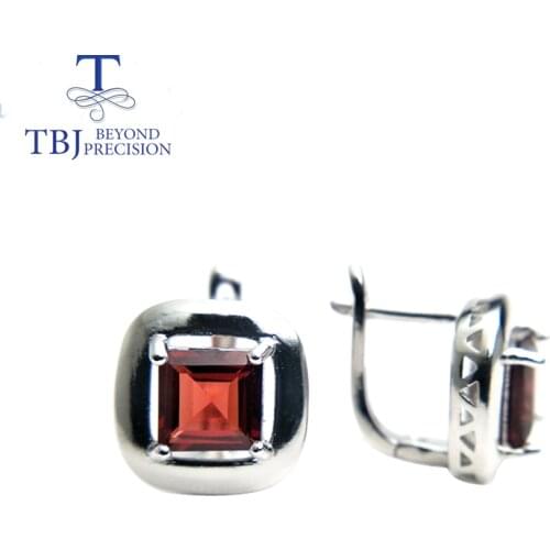 TBJ ,Natural mozambique Garnet clasp earring square 7mm dark red garnet gemstone jewelry 925 sterling silver fine jewelry women