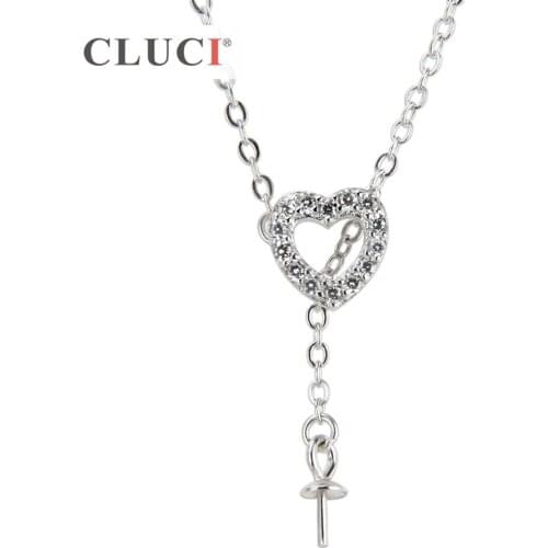 CLUCI 925 Sterling Silver Bling Heart Pendant with Zircons Necklace Silver 925 Pearl Necklace Mounting Jewelry for Women SN007SB