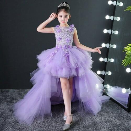 2018 Long Trailing Kids Pageant Evening Gowns Appliques Lace Ball Gown Flower Girl Dresses For Weddings First Communion Dresses