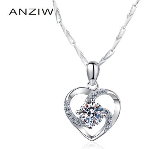 ANZIW 925 Sterling Silver Moissanite Diamond Heart-shaped Neckalces Silver 1.0CT Necklace Women Wedding Engagement Jewery Gifts