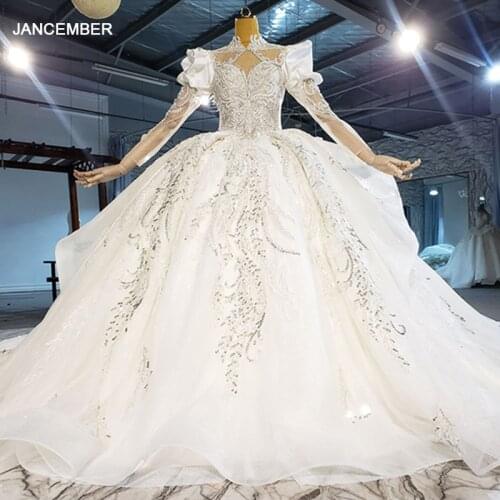HTL2190 White Elegant Long Sleeve Bridal Wedding Dress High Neck Transparent Lace Hollow Pearl Decoration Backless Gown