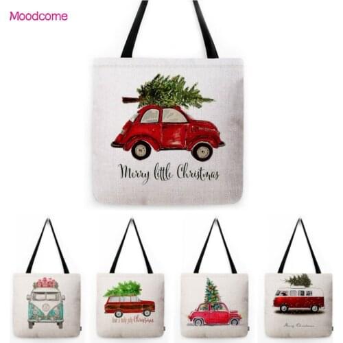 Red Christmas Car Truck Cartoon Watercolor Xmas Decoration Art Gift Shopping Bag Water Resistant Linen Lovely Shoulder Tote Bag