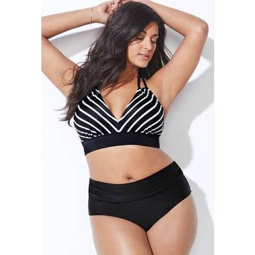 Large Size Split Bikini Swimsuit High Waist Customized Striped Conservative Lace-up Swimsuit sexy swimwear women