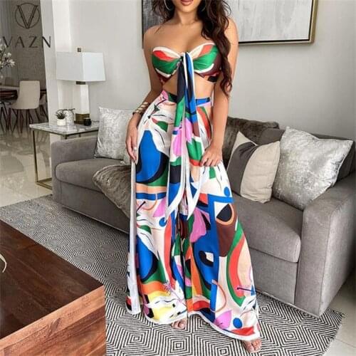 VAZN 2021 Summer Beach Boho Fancy Joker Young Lady Sleeveless Strapless Top Sexy Club Long Pant Skinny Women 2 Piece Set