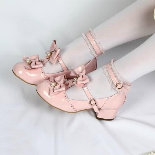 Sweet Lolita Princess Lace Bowknot Shoes Cute Bow Round Head Platform Mid Heel College Women Shoes Girl Kawaii Shoes