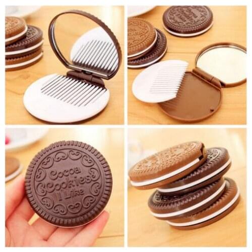 Mini Pocket Chocolate Cookie Biscuits Compact Mirror With Comb So Cute