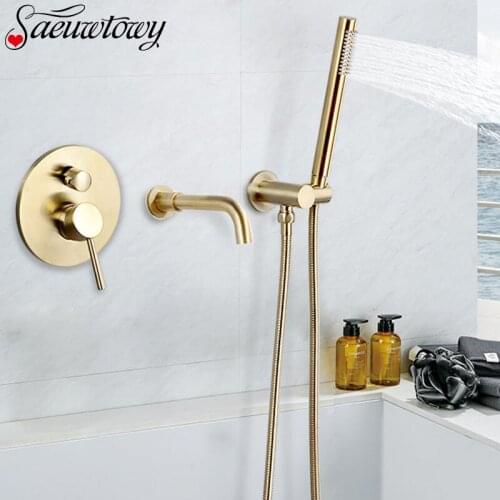Wall Mounted Bath Faucet Telephone Style Brushed Golden Bathtub Faucet Bathroom Tap Rotatb Spout Shower Faucet Basin Faucet