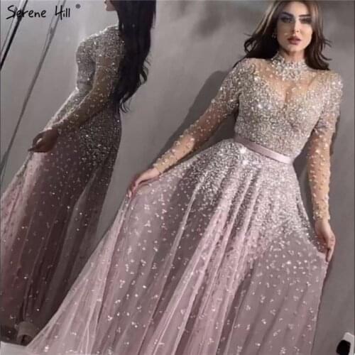 Latest Design Pink High Collar Evening Dresses 2020 Long Sleeves Sequined Sexy Formal Dress Serene Hill LA70066