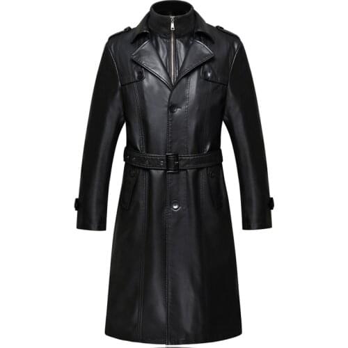 007 New Fashion Men Winter Clothes Genuine Leather Coat Sheepskin Men Leather Long Trench Coat