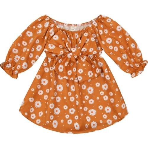 Baby Girls Daisy Print Dress with Bow-knot, Long Sleeve Boat Neck High Waist Sundress for Summer