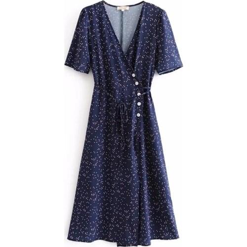 PERHAPS U Deep Blue V Neck Dot Button Sash Wrap Lace Up Midi Elegant Vintage Office Lady Dress Summer Women Female D0284