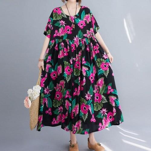 Plus Size 4XL 5XL 6XL Beach Dresses For Women 2021 Summer Fashion Batwing Sleeve Cotton Floral Maxi Dress One Piece Boho Dresses