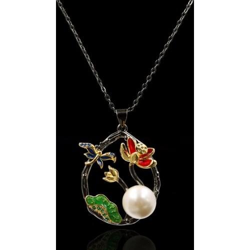 European and American fashion color enamel lotus leaf lotus 14K black gold pendant hollow flower pearl necklace party jewelry