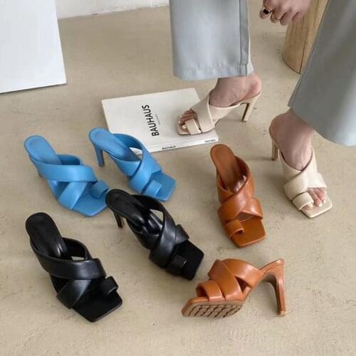 New Mules Women Slipper 2020 Summer Square Toe High Heel Ladies Sandal Brand Design Sexy Ladies Dress Slides Shoes Flip Flo