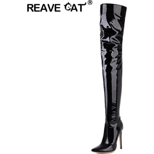 Reave Cat Sexy Luxury Party Over Knee High Boots Patent Leather Zipper Pointed Toe 12cm Stileeto Heel Ladies Plus Size 49 S2463