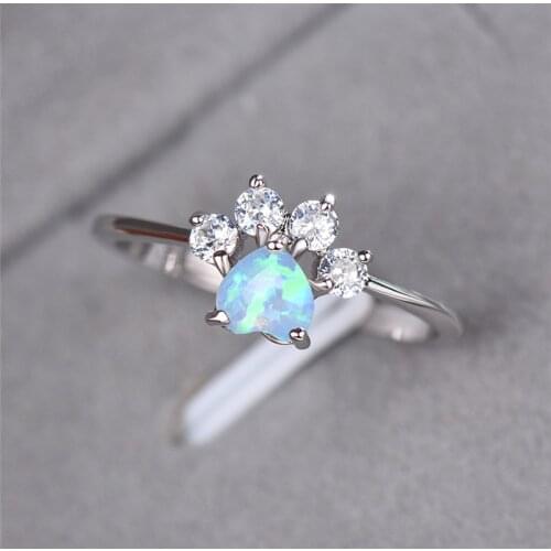 Animal Bear Cat Dog Paw Rainbow Blue Fire Opal Rings For Women 925 Sterling Silver Filled Zircon Heart Claws Wedding Thin Ring