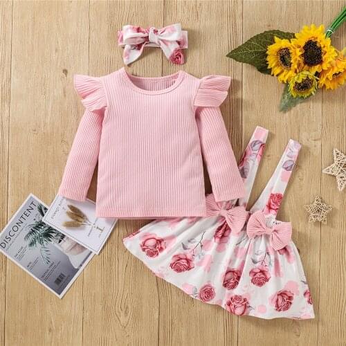0-36M Spring Autumn Long Sleeve 3Pcs Baby Girl Suit Pink Knitted Rib Pullover + Flower Print Suspender Skirt + Bowknot Headband