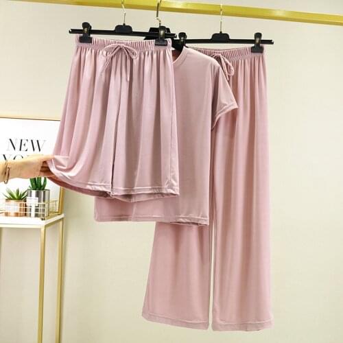 Fdfklak Womens Sleepwear Set Short Sleeve Pajamas Summer New Ice Silk Sleeping Suit Women Long Pant Pyjamas Sets Nightwear