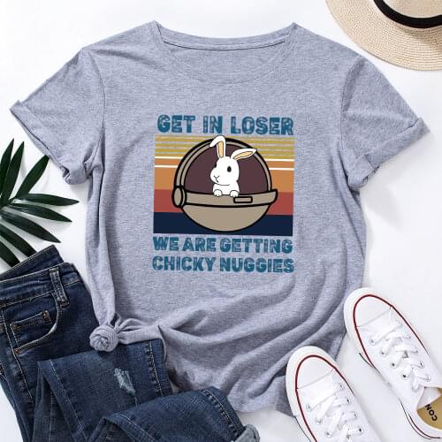 Womens Graphic Tees Cotton Short Sleeve Crew Neck Loose T Shirt Plus Size Tops Female Summer Casual Clothes Get In Loser Rabbit