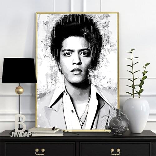 Bruno Mars Black White Art Poster, American Singer Cool Boy Art Prints, Nordic Style Watercolour Figure Painting Home Wall Decor