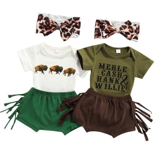 New 3Pcs Baby Summer Tracksuits, Short Sleeves Romper + Solid Color Tassel Shorts + Headband for Toddler Girls, 0-18 Months