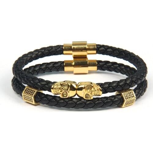 2pcs/Set Fashion Men Jewelry Black Braided Leather Double Cool Skull Bracelets Stainless Steel Mens Bracelet